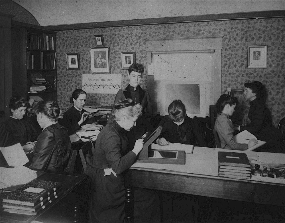 Harvard Computers at work, circa 1890, including Henrietta Swan Leavitt seated, third from left, with magnifying glass (1868–1921), Annie Jump Cannon (1863–1941), Williamina Fleming standing, at center (1857–1911), and Antonia Maury (1866–1952).
